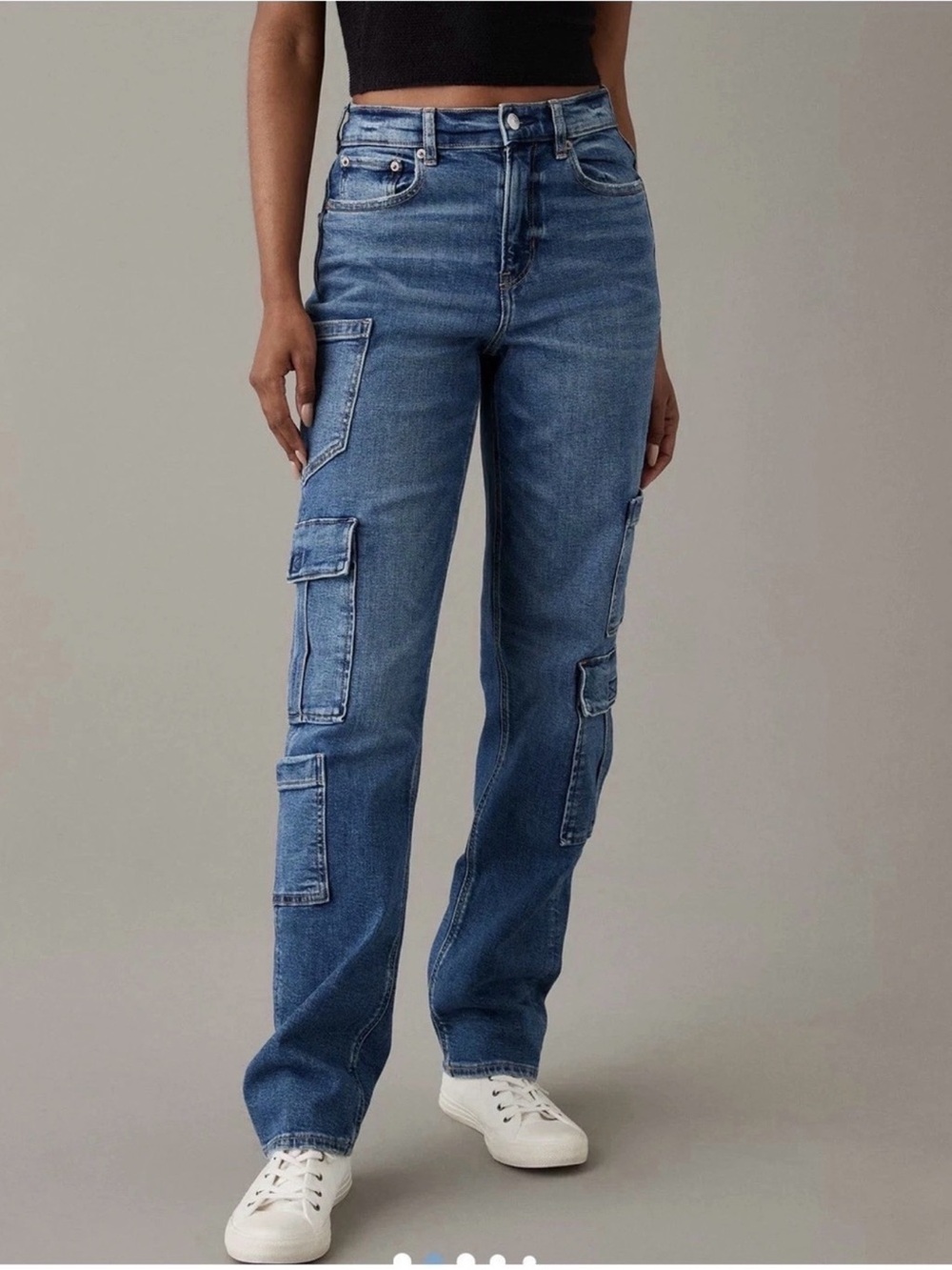 American Eagle Super High Rise Baggy Straight Cargo Jeans Size 4 Utility Y2K